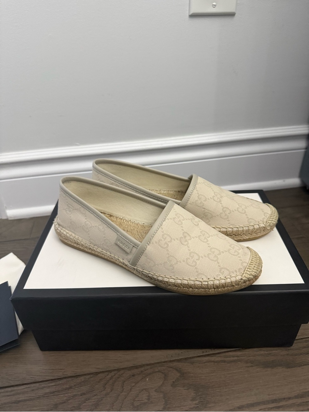 Gucci Beige Monogram Canvas Espadrille Slip-Ons